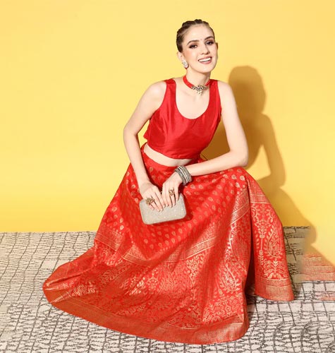 Red Floral Brocade Skirt